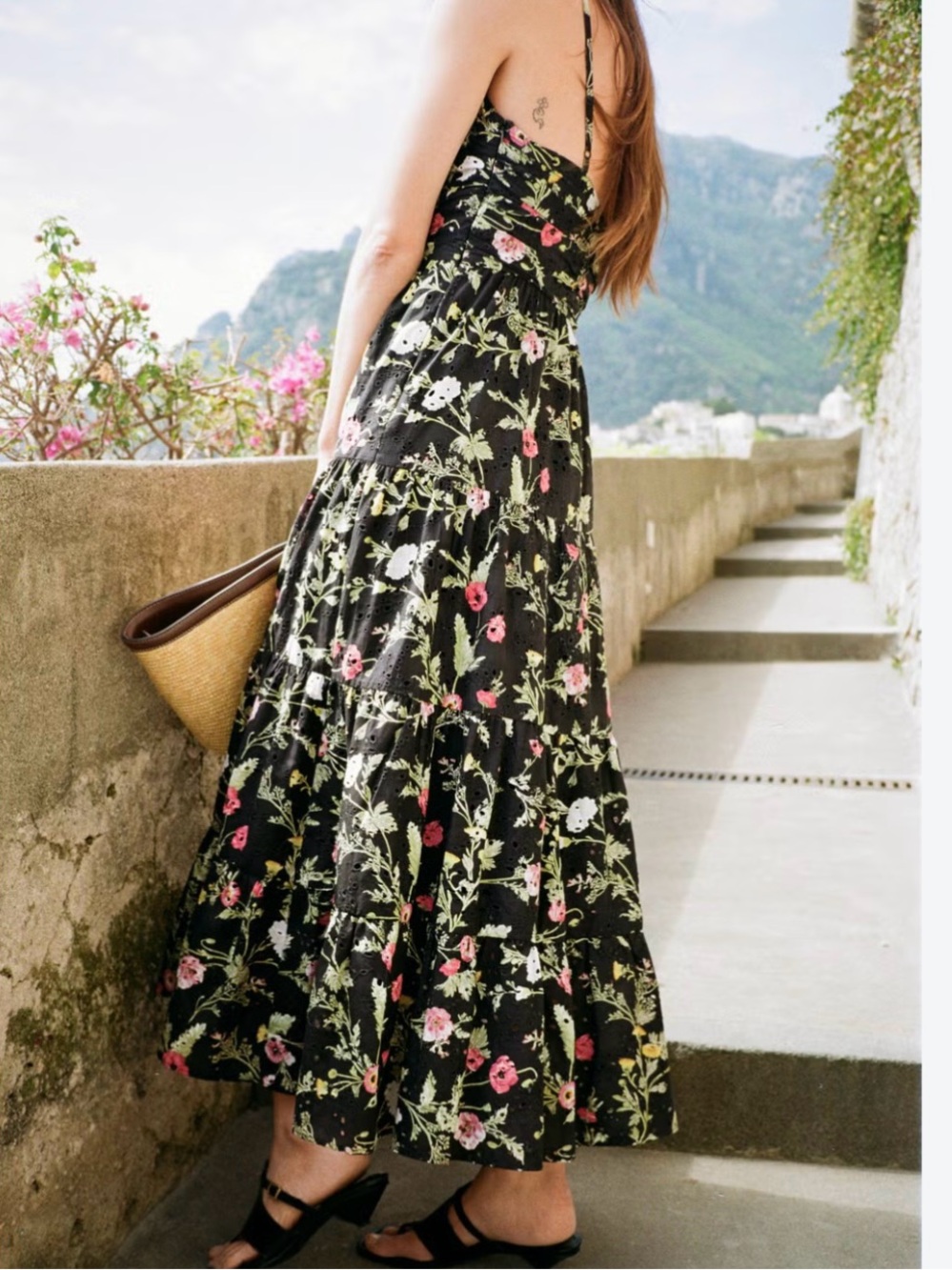 Zara Black Floral Maxi Dress with Pink and Green Accents